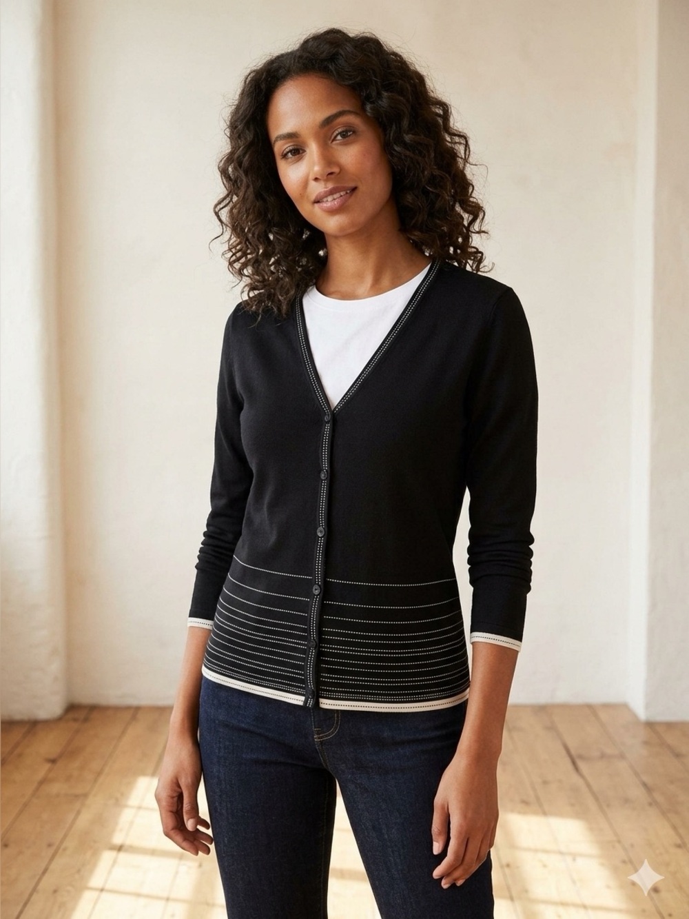Women's Cleo light knit Cardigan Sweater XL Black Beige V-Neck Button Down 1829